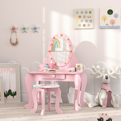 AIYAPLAY Kids Dressing Table Set, Vanity Table with Stool, Mirror, Drawer, Desktop Storage, Strawberry Theme, Pink 