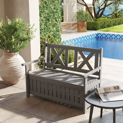 Outsunny 2-Seater Garden Storage Bench for Patio Wood Porch Decor Outdoor Seating, Charcoal Grey 
