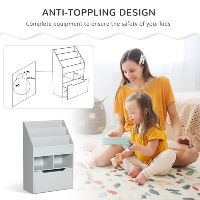 HOMCOM Kids Bookshelf, Toy Organiser, with Storage Drawer, Wheels - Grey 