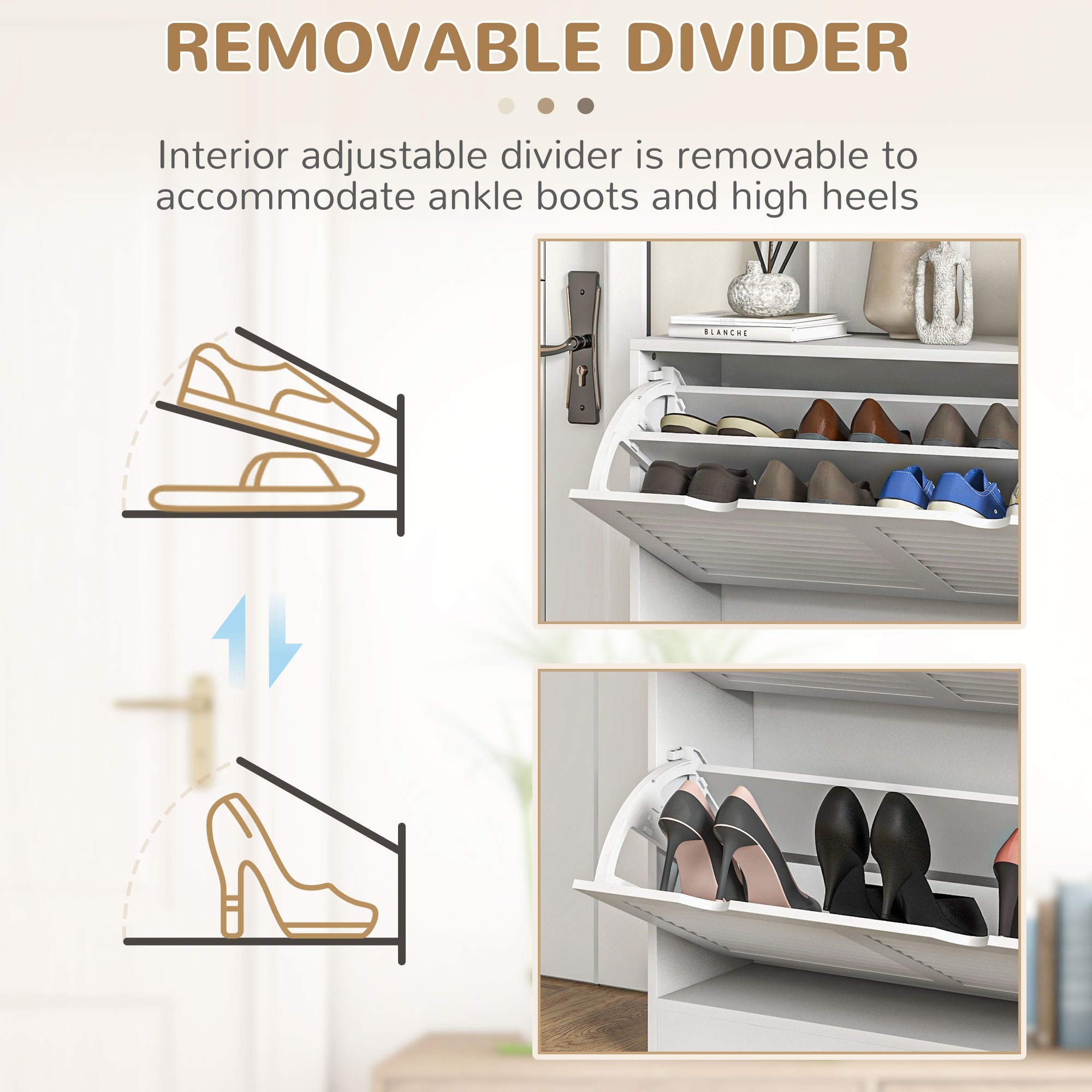 HOMCOM 2 Drawers Entryway Shoe Cabinet, Narrow Shoe Storage Cabinet with 2 Flip Drawers, Louvred Door Design and Adjustable Shelves for 16 Pairs of Shoes, White 