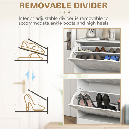 HOMCOM 2 Drawers Entryway Shoe Cabinet, Narrow Shoe Storage Cabinet with 2 Flip Drawers, Louvred Door Design and Adjustable Shelves for 16 Pairs of Shoes, White 