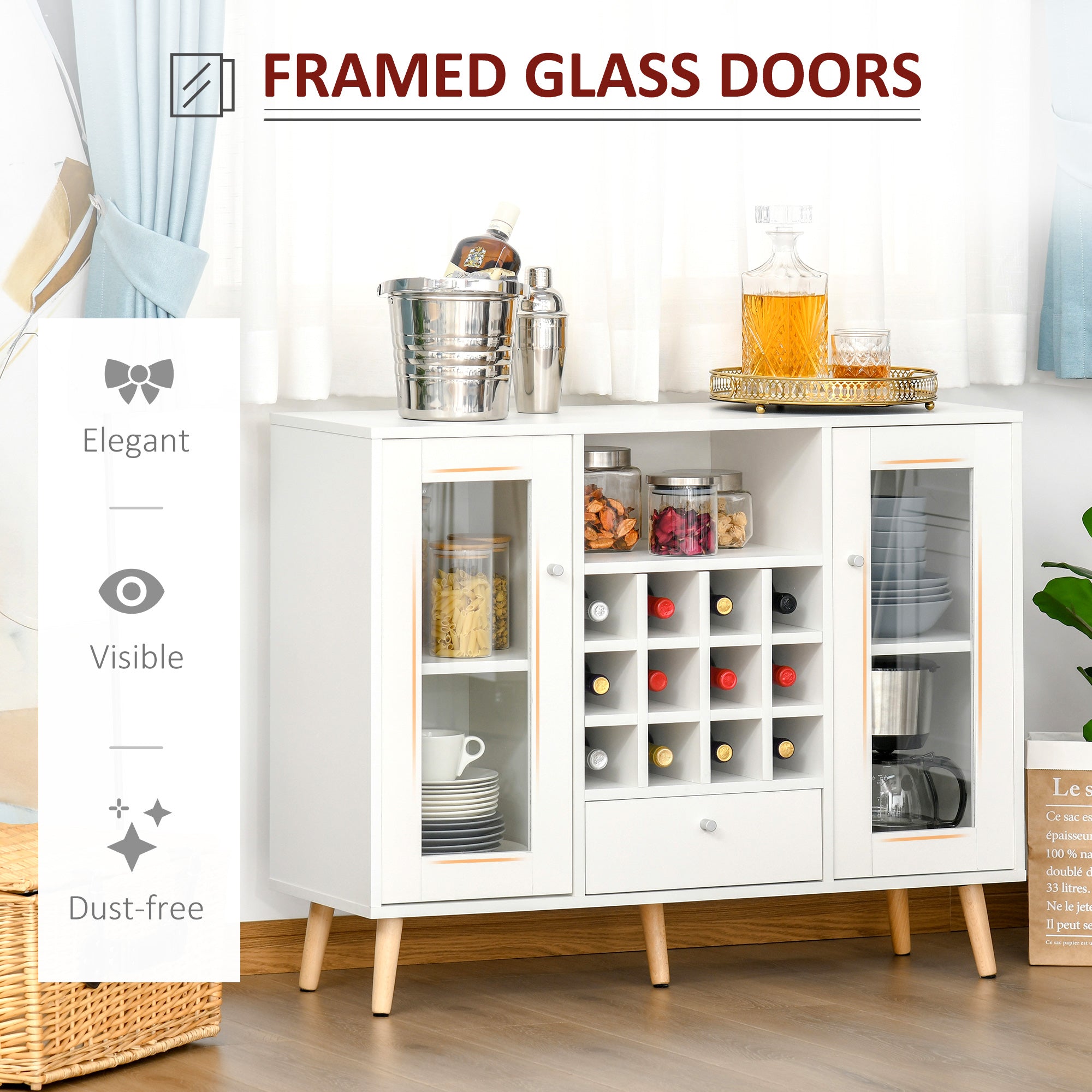 HOMCOM Modern Sideboard Storage Cabinet Kitchen Cupboard Dining Bar Server with Glass Doors, Drawer & 12-Bottle Wine Rack for Living Room, White 