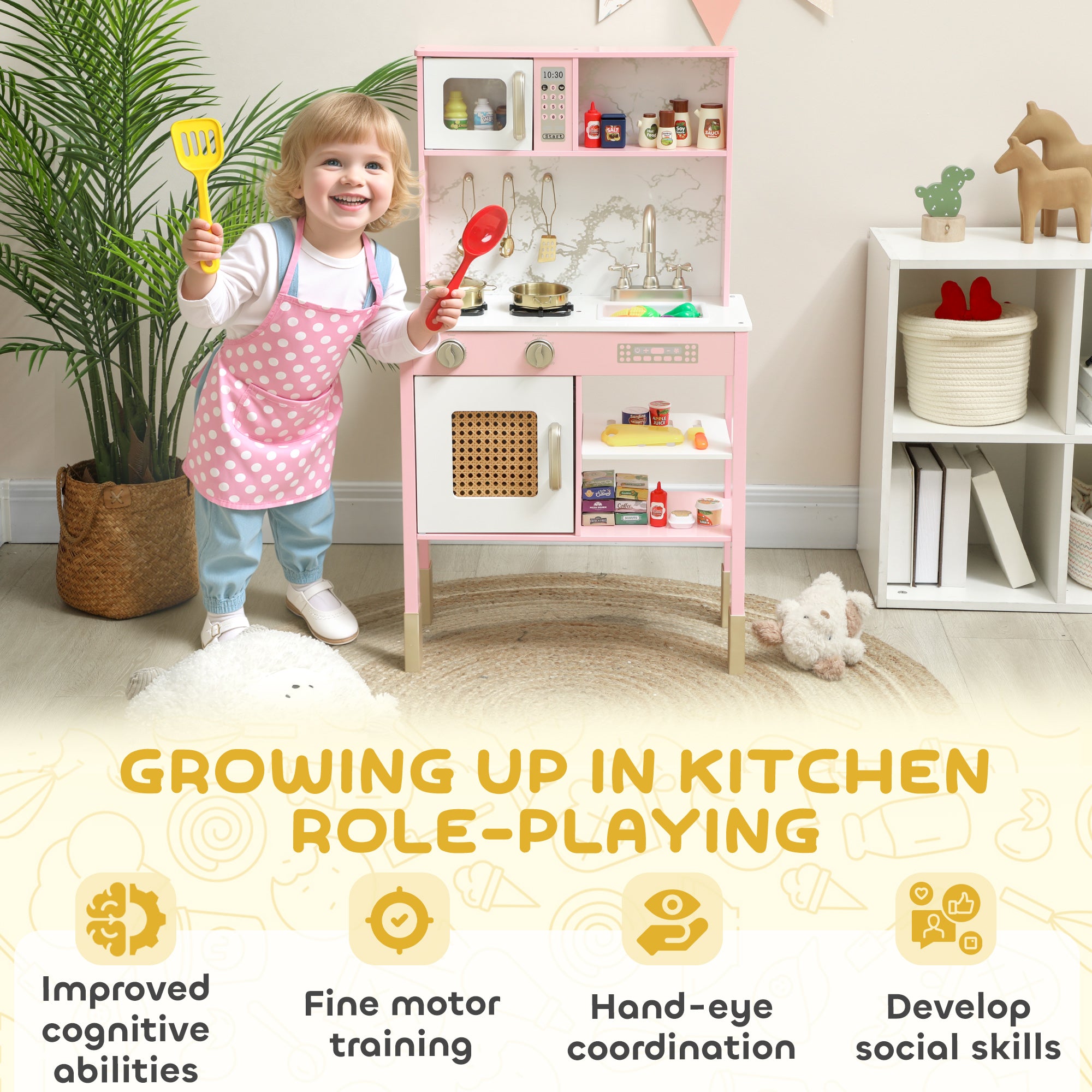 AIYAPLAY Kitchen Playset with Pretend Play Cooking Accessories, Play Kitchen with Oven, Microwave and Sink, Pink 