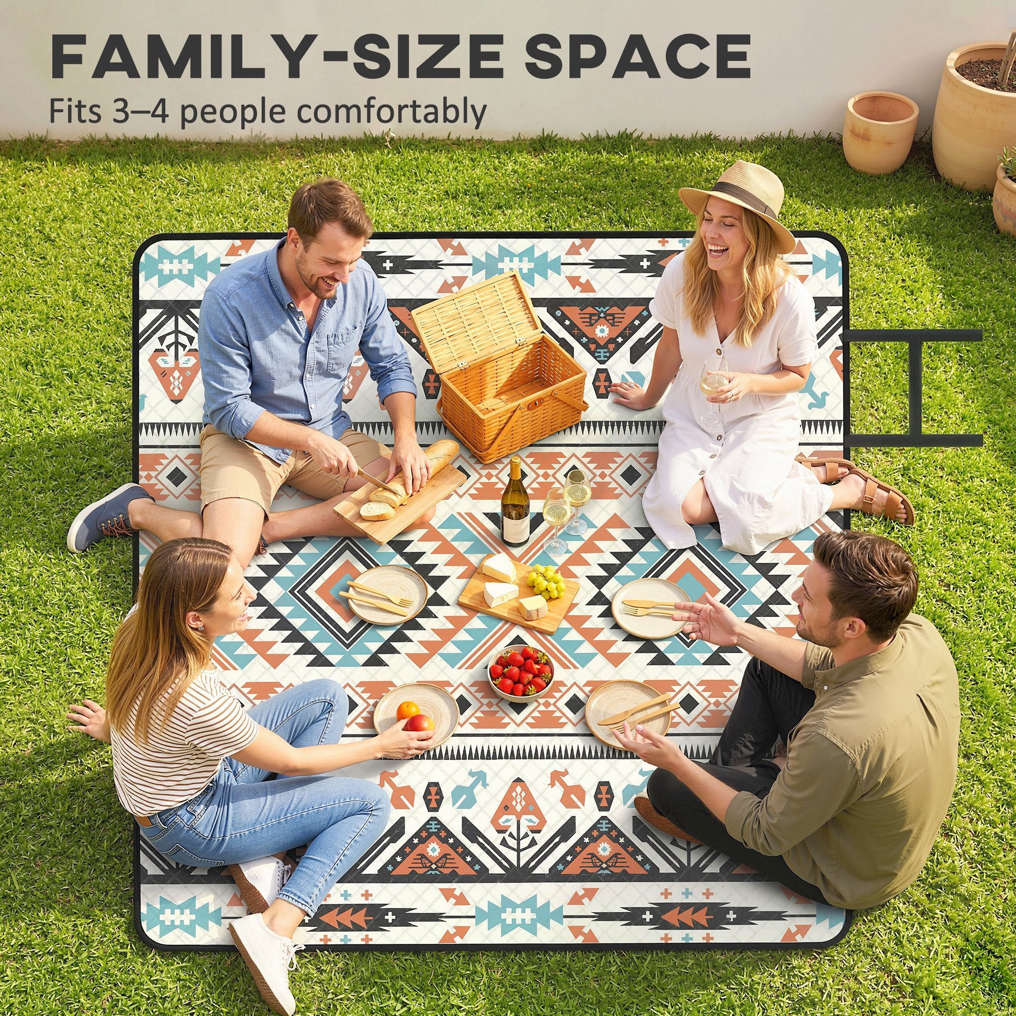 Outsunny Picnic Blanket, 200x200CM Large Beach Blanket Outdoor Picnic Mat with Integrated Strap for Camping, Mix-Colour 