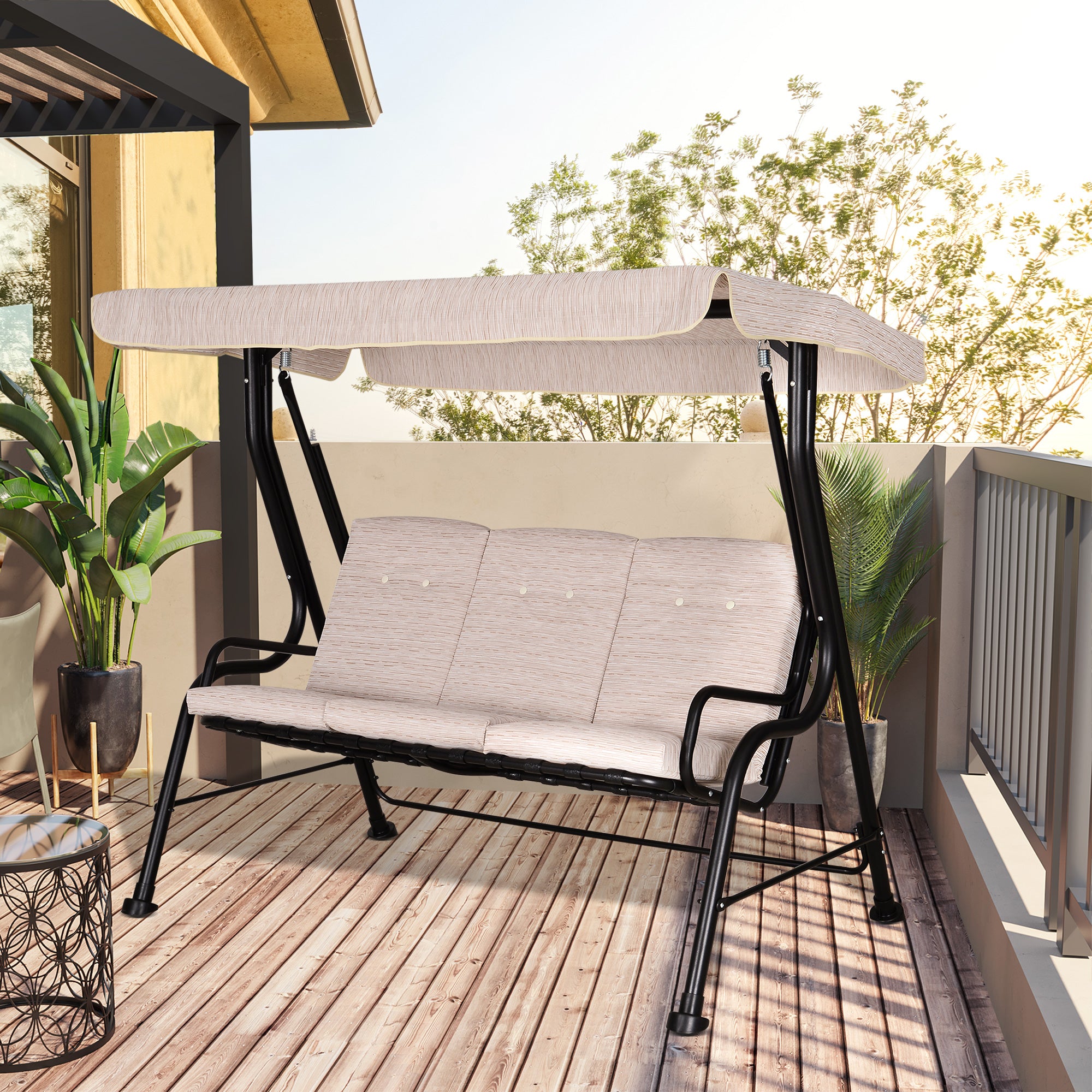 Outsunny Steel Frame 3-Seater Outdoor Garden Swing Chair w/ Canopy Beige 