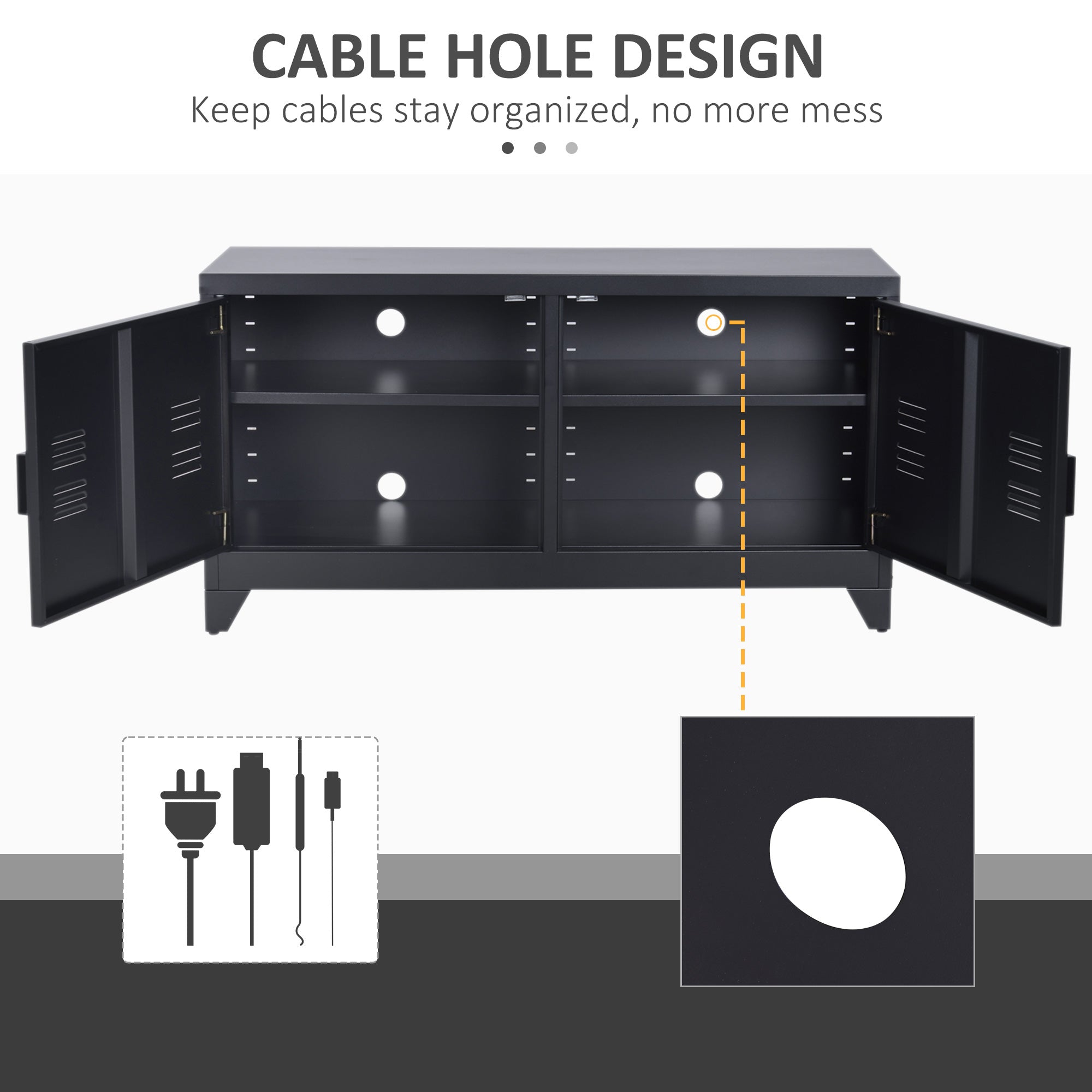 HOMCOM Steel TV Stand Cabinet, Industrial TV Unit for TVs up to 50", TV Table with 2 Doors, Adjustable Shelf and 4 Cable Holes for Living Room, Black 