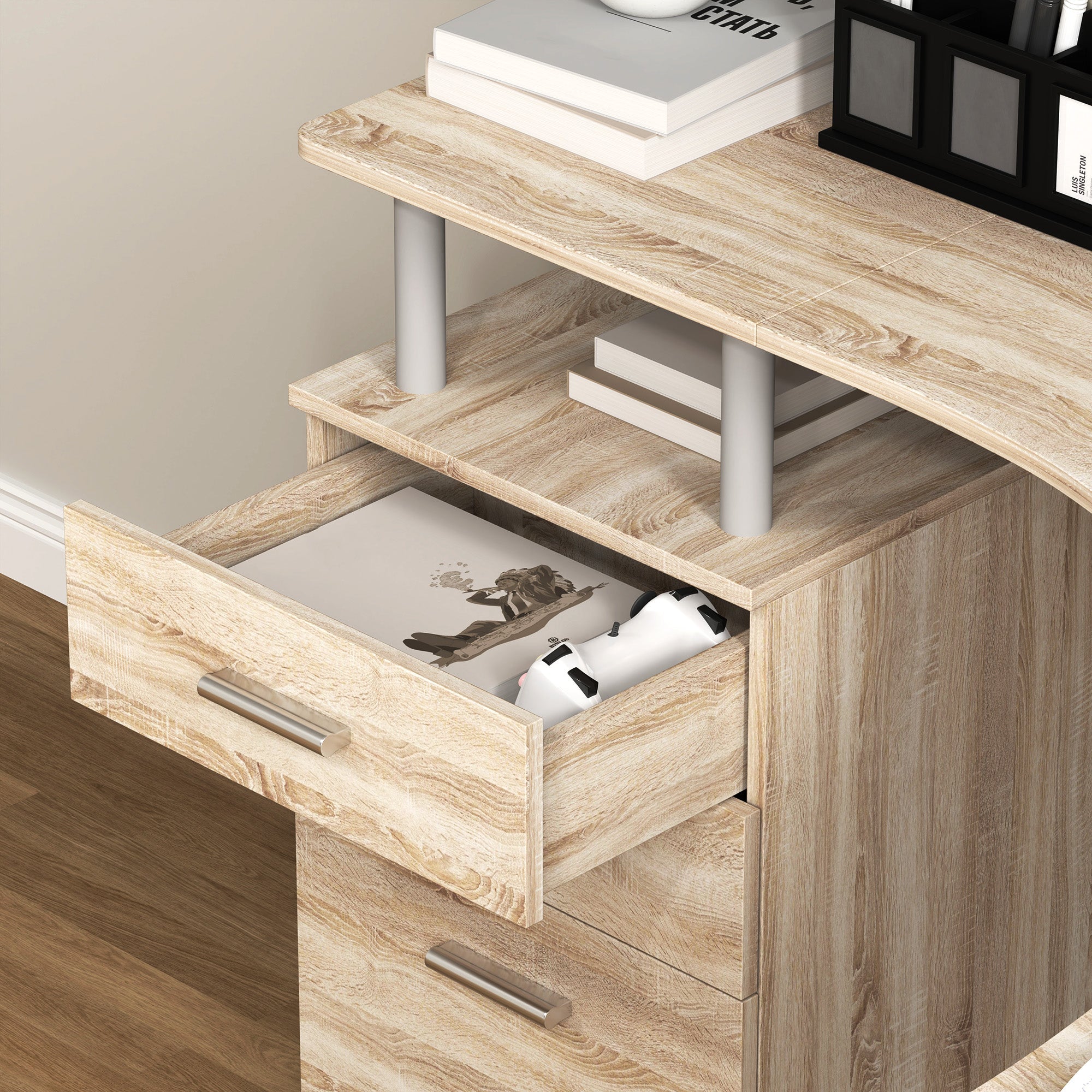 HOMCOM L-Shaped Computer Desk Table with Storage Drawer, Home Office Desk Corner Industrial Style Workstation for A4 Files 143.5 x 143.5 x 76cm, Oak 