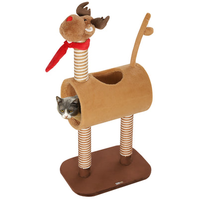 PawHut 98cm Deer-Designed Cat Tree with Scratching Posts, Toy Ball, Tunnel, Brown 