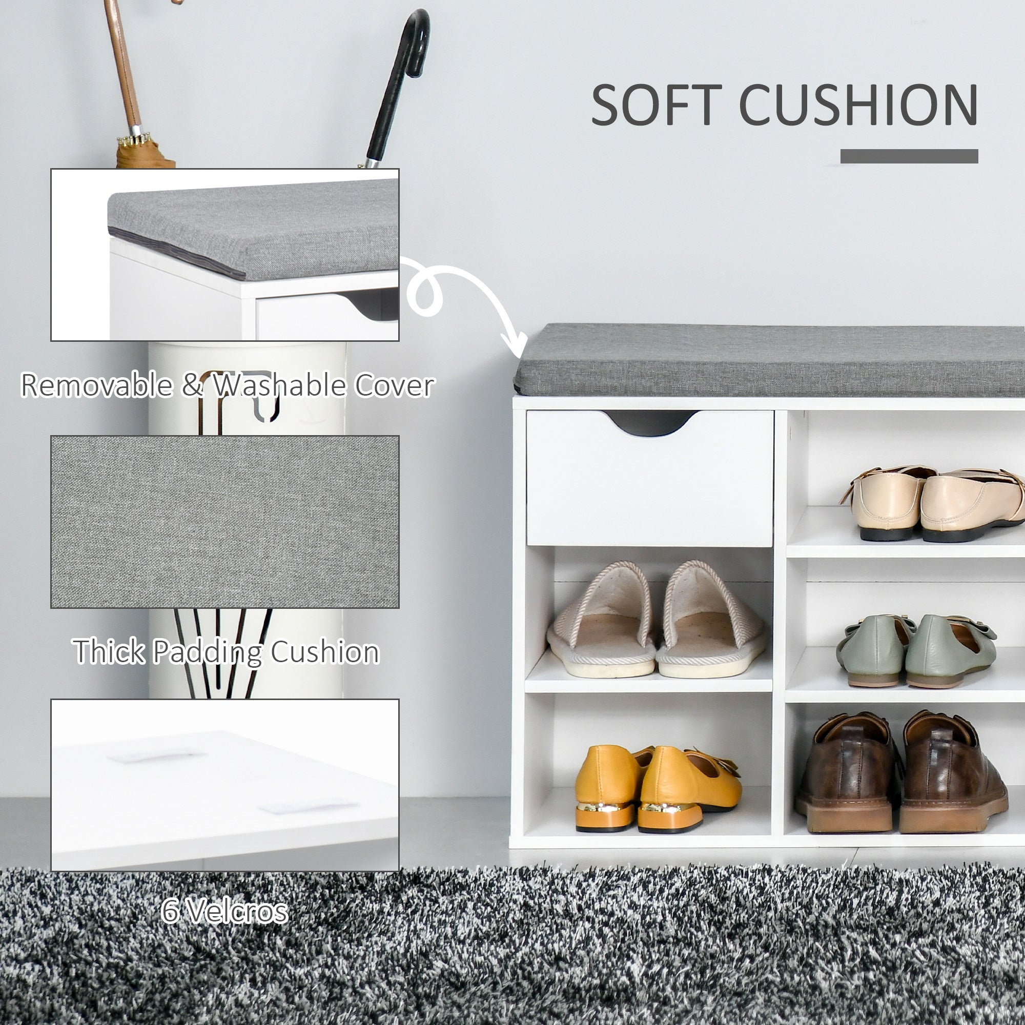 HOMCOM Shoe Bench with Seat Cushion Shoe Storage Cabinet with 7 Compartments Drawer Adjustable Shelves for Entryway Hallway Living Room White and Grey 