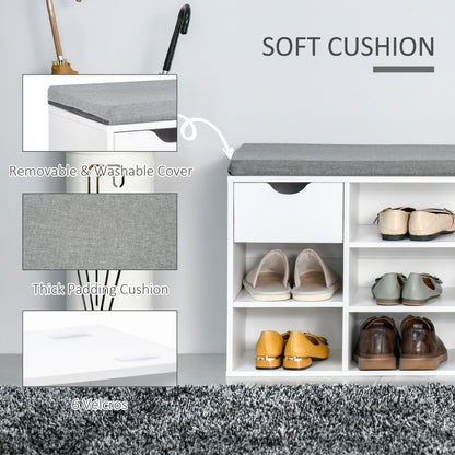 HOMCOM Shoe Bench with Seat Cushion Shoe Storage Cabinet with 7 Compartments Drawer Adjustable Shelves for Entryway Hallway Living Room White and Grey 