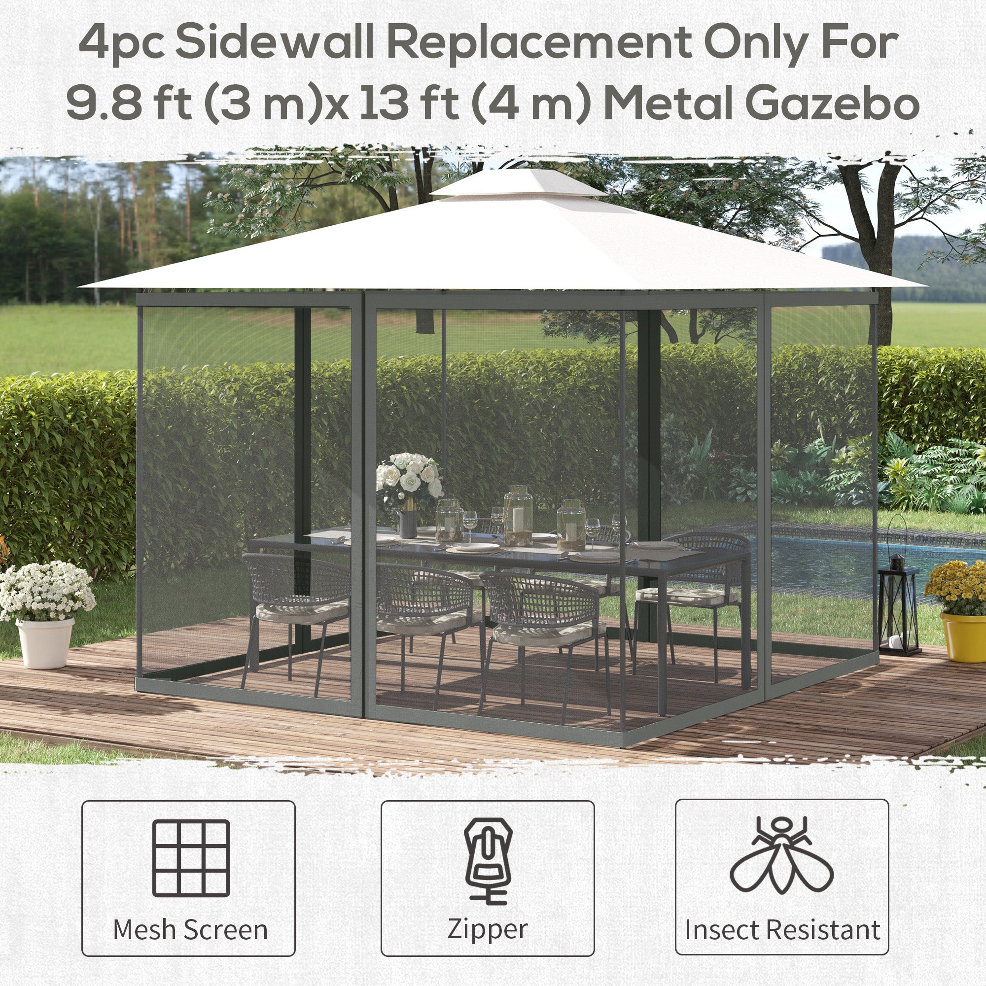 Outsunny 352 x 207cm Universal Replacement Mesh Sidewall Netting for Patio Gazebos and Canopy Tents, (Sidewall Only) Dark Grey 