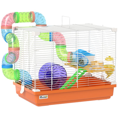 PawHut 2 Tier Hamster Cage, Gerbil Cage with Handle, Exercise Wheels, Tunnel, Water Bottle, Dishes, Ladder, for Dwarf 