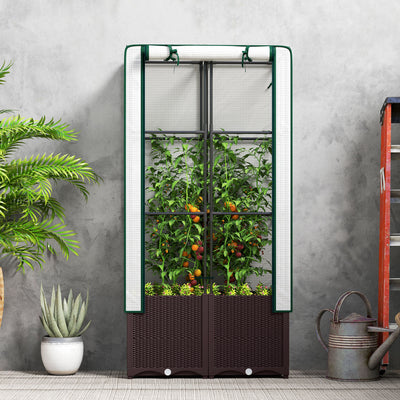 Outsunny Raised Garden Bed with Trellis, Plastic Planter Box with Drainage Holes and Drain Plugs for Climbing Plants, Vegetables, Flowers, 80 x 40 x 140 cm 