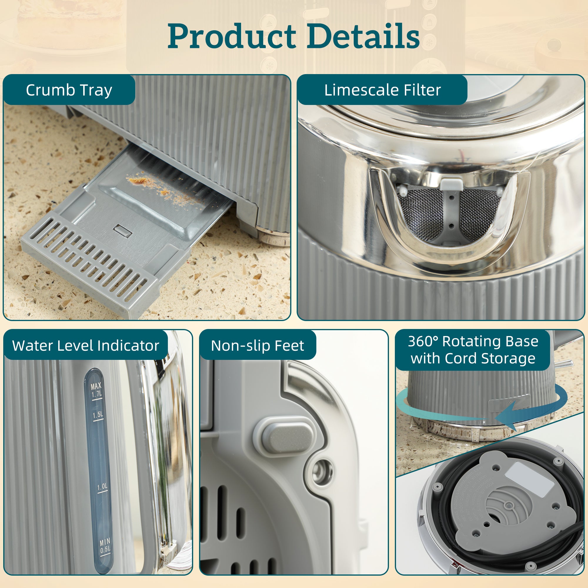 HOMCOM Electric Stainless Steel Kettle and Toaster Set, 3000W 1.7L UK Strix Thermostat Fast Boil Kettle w/ Limescale Filter, Cool Touch Body, 4 Slice Toaster with 7 Browning Levels, Crumb Tray, Tan