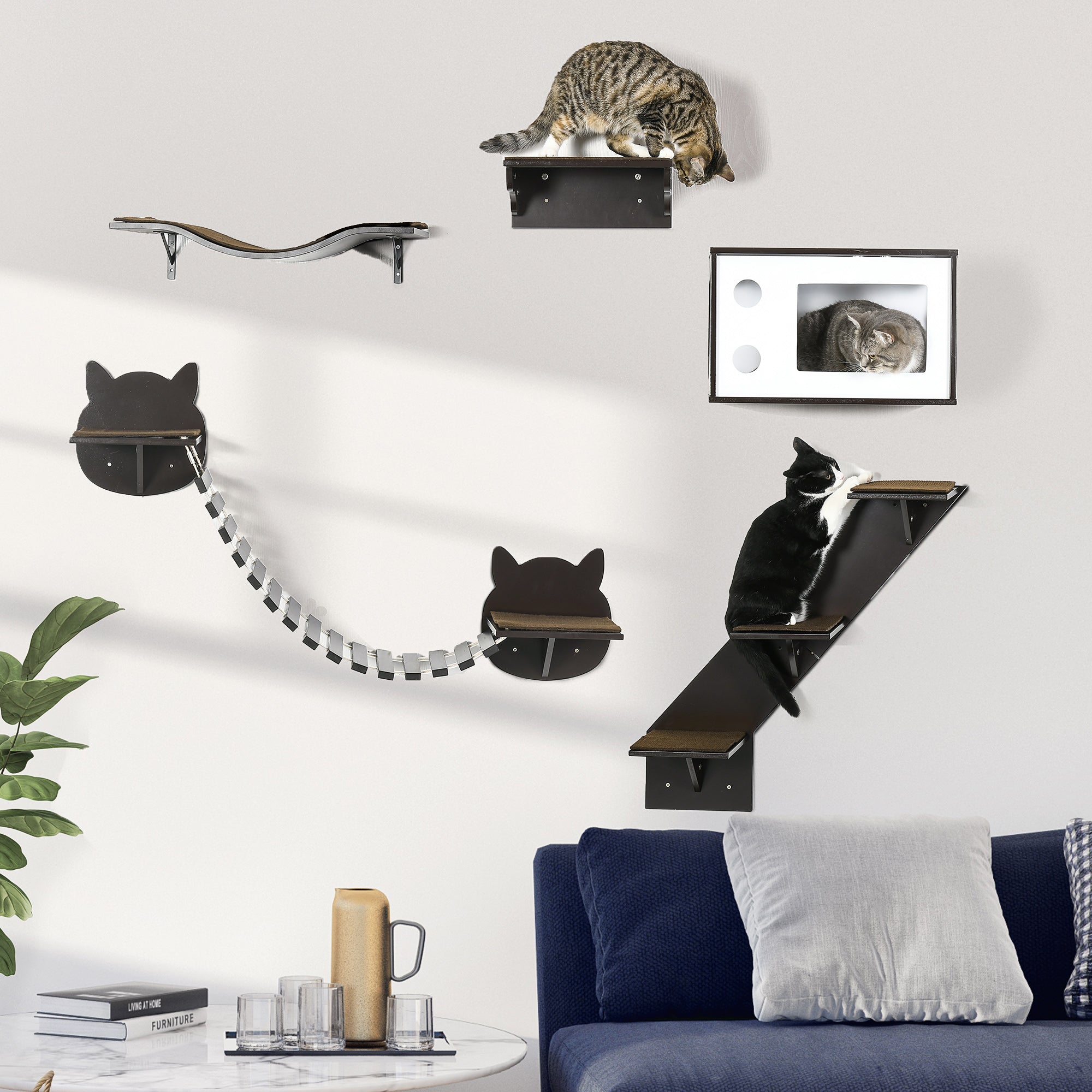 PawHut 5 Piece Cat Wall Shelves, Wall-Mounted Cat Tree for Indoor Use - Brown 