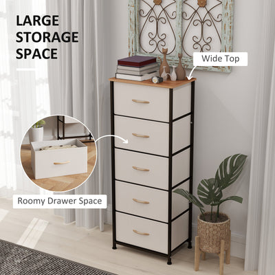 HOMCOM Fabric Chest of Drawers, Storage Drawers, Industrial Bedroom Dresser with 5 Fabric Drawers, Steel Frame and Wooden Top for Nursery, Living Room, Hallway, Cream White 