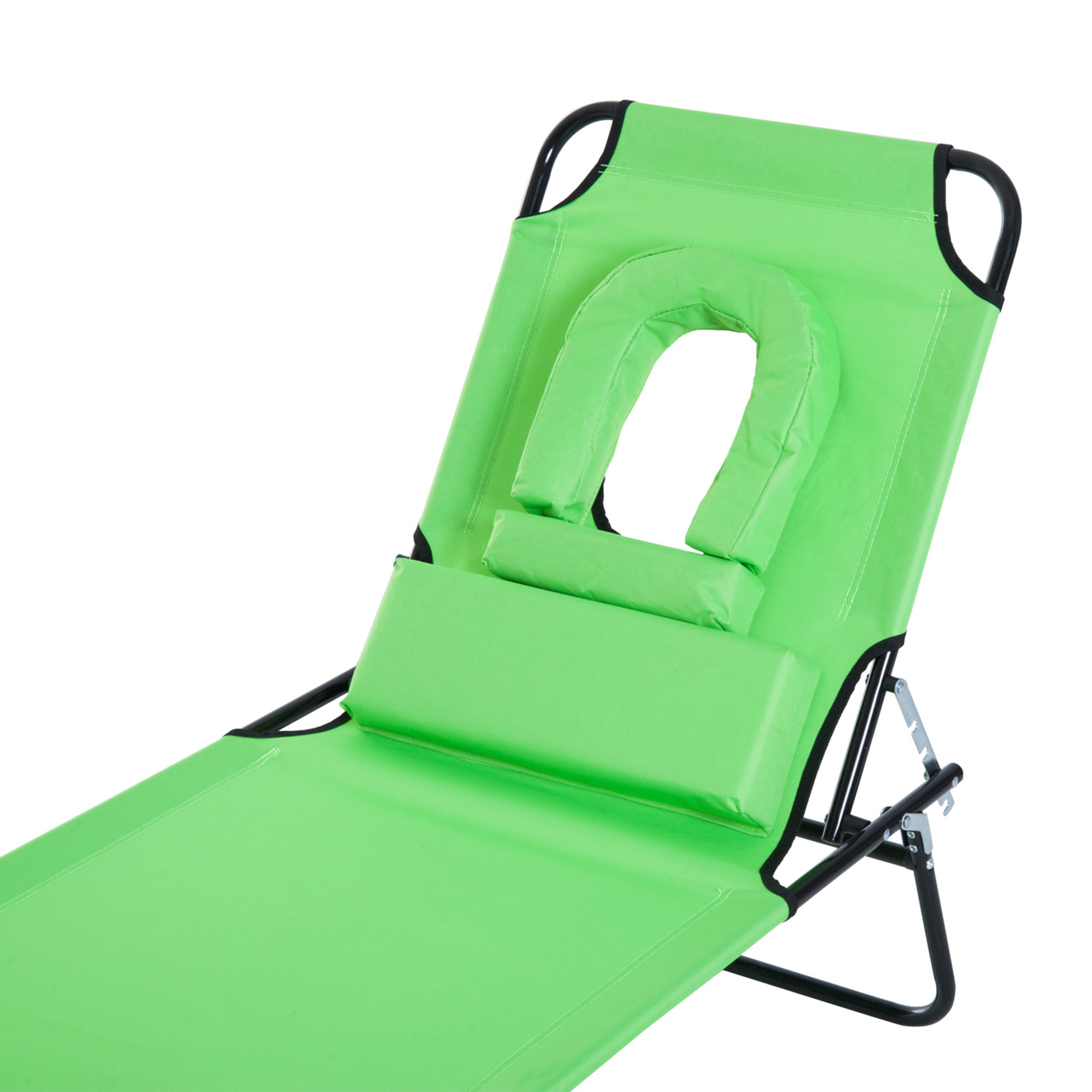 Outsunny Outdoor Foldable Sun Lounger, 4 Level Adjustable Backrest Reclining Sun Lounger Chair with Pillow and Reading Hole, Green 