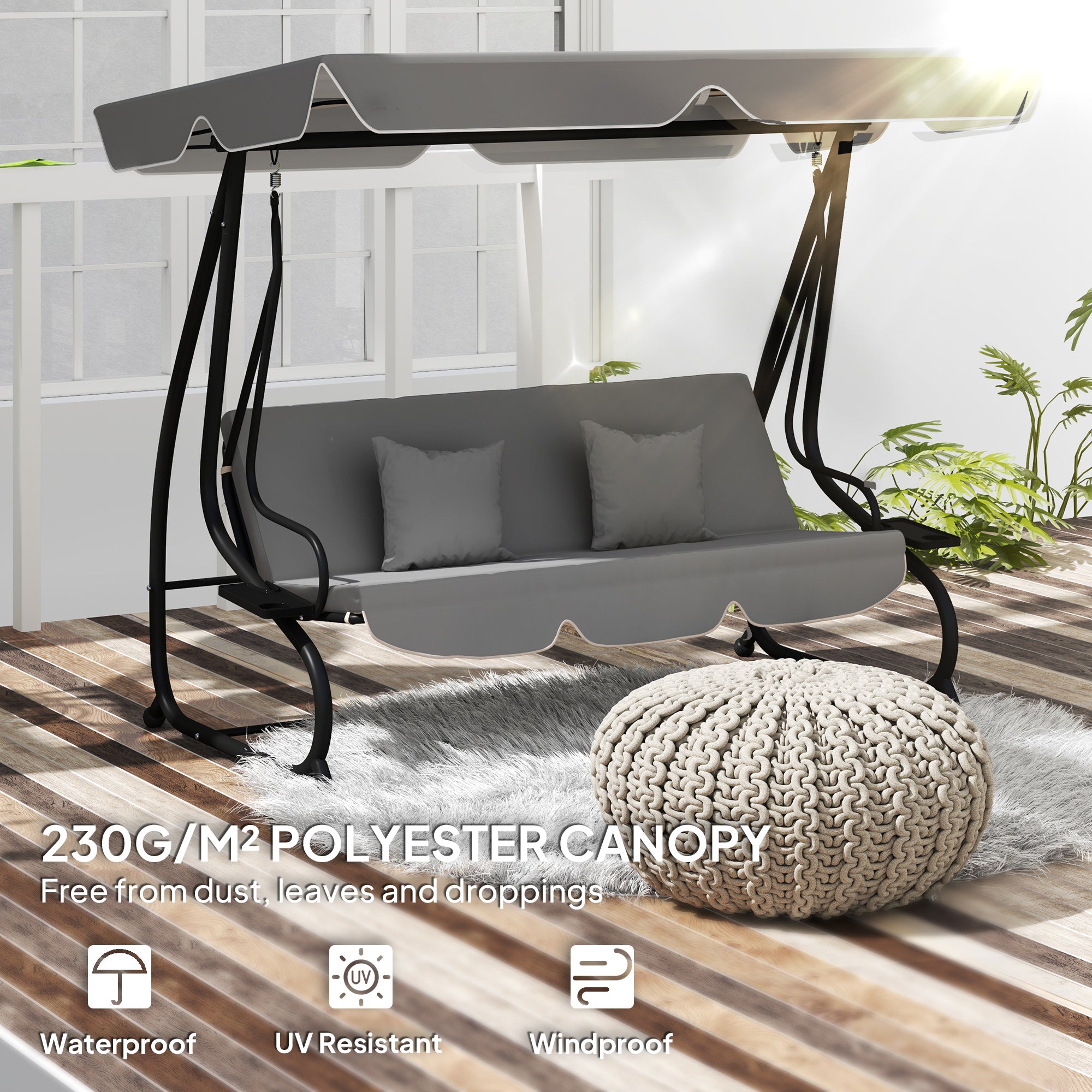 Outsunny Garden Swing Canopy Replacement 3 Seater, Waterproof Garden Swing Seat Canopy Cover, Windproof Anti-UV Sun Shade (Canopy Only) for Patio, Balcony, Dark Grey 