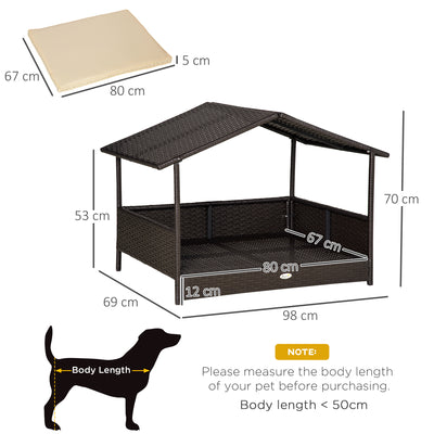 PawHut Wicker Dog House, Rattan Pet Bed, with Removable Cushion, Canopy, for Small and Medium Dogs - Cream 