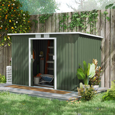 Outsunny 9ft x 4ft Metal Garden Shed, Outdoor Tool House with Foundation Kit, Ventilations and Double Doors, Light Green 