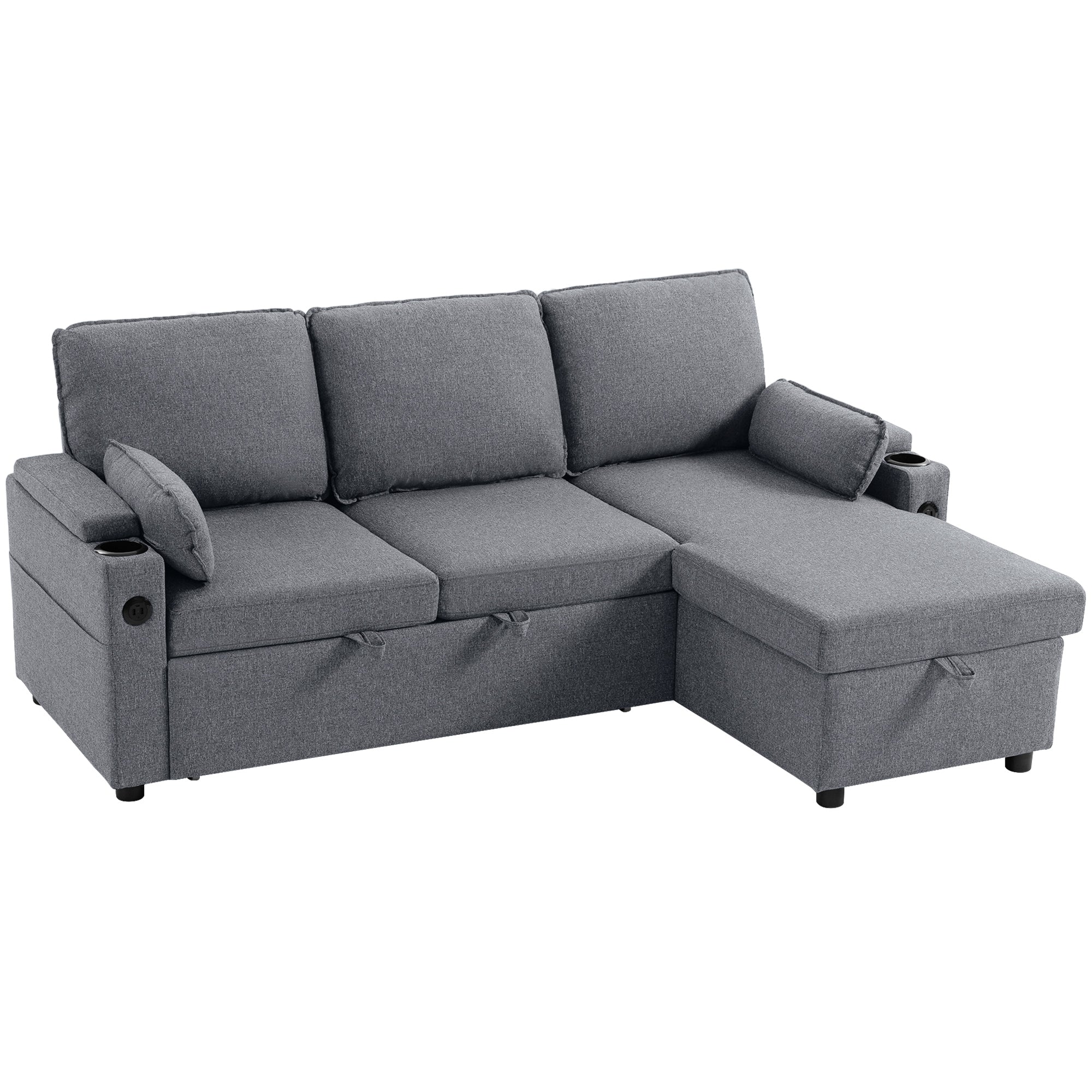 HOMCOM Corner Sofa Bed, L Shaped Sleeper Sectional Sofa with Reversible Storage Chaise, Grey 