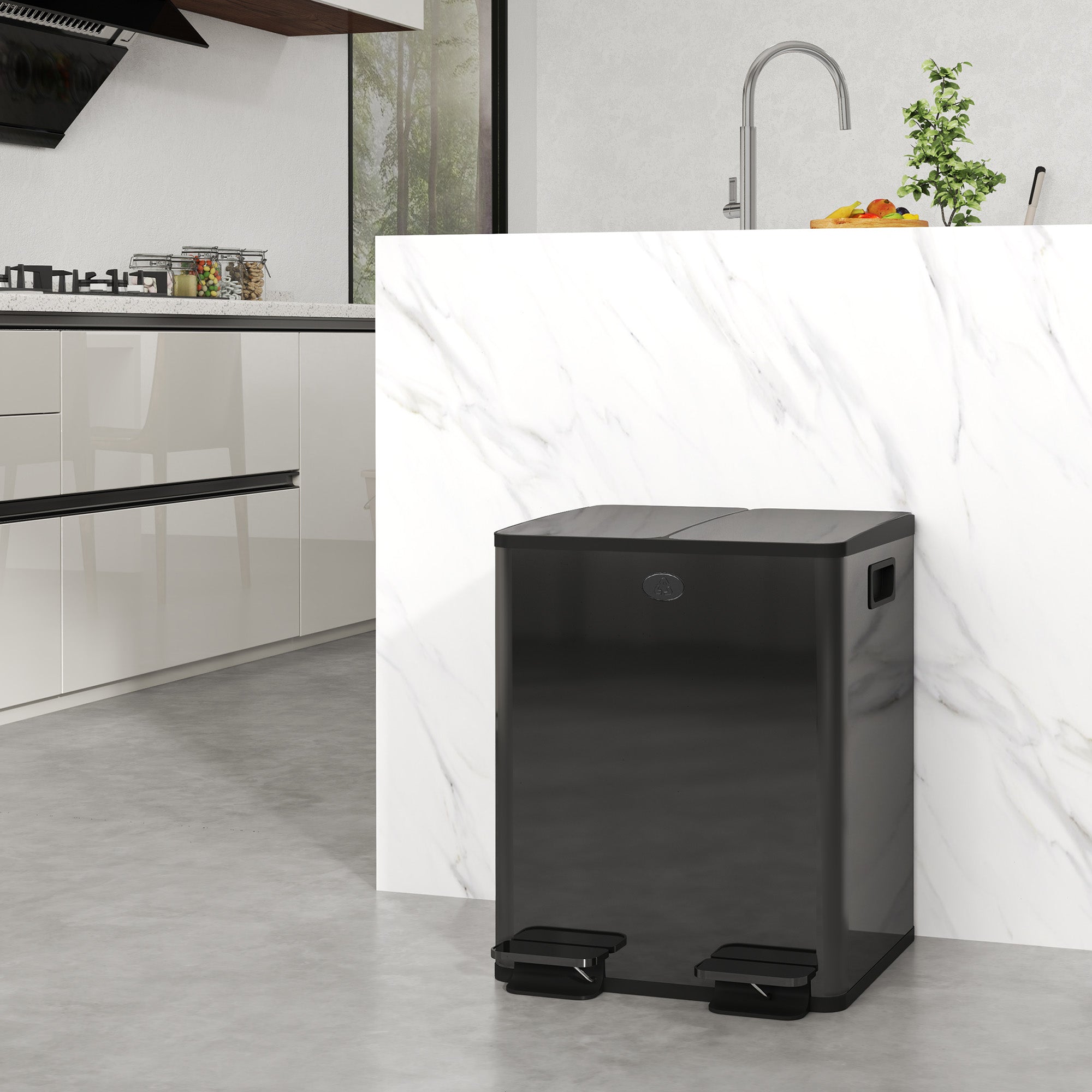 HOMCOM 40L Dual Compartment Stainless Steel Bin, with Deodoriser Holders - Black 