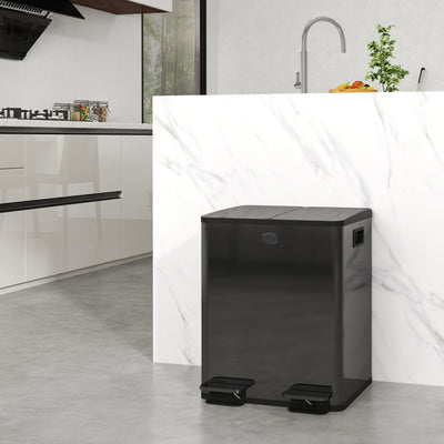 HOMCOM 40L Dual Compartment Stainless Steel Bin, with Deodoriser Holders - Black 