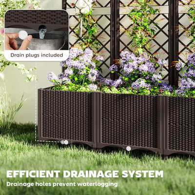 Outsunny Raised Garden Bed with Trellis, Plastic Planter Box with Drainage Holes and Drain Plugs for Climbing Plants, Vegetables, Flowers, Brown 