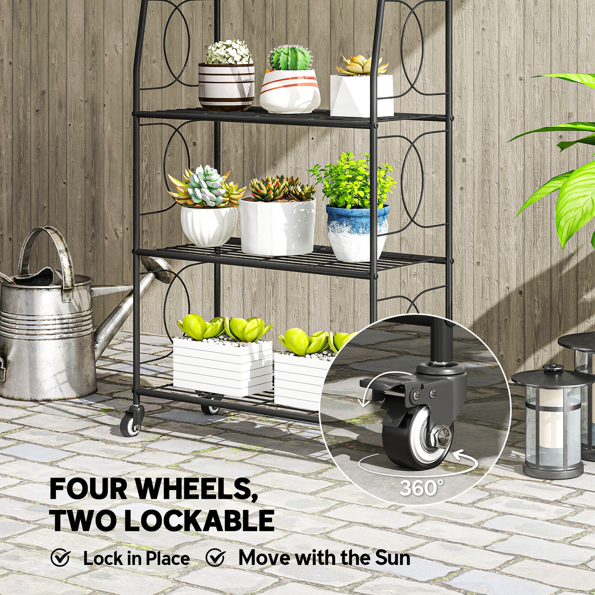 Outsunny 4-Tier Metal Plant Stand, Heavy Duty Ladder Shelf Potted Plants Display Rack with Lockable Wheels 