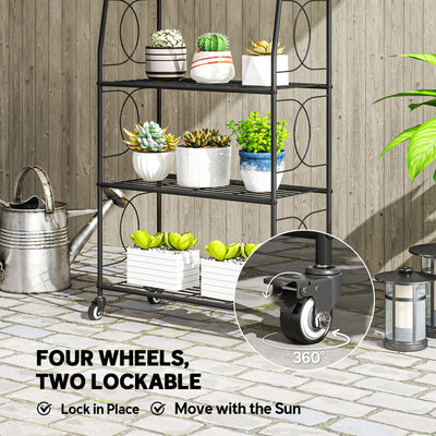 Outsunny 4-Tier Metal Plant Stand, Heavy Duty Ladder Shelf Potted Plants Display Rack with Lockable Wheels 