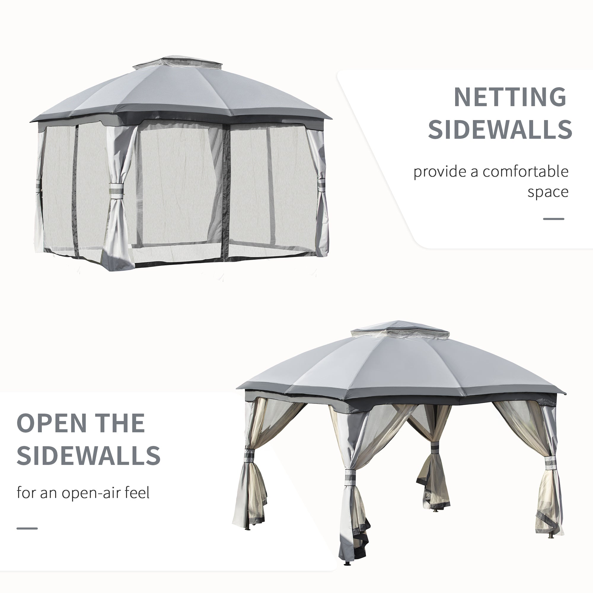 Outsunny 3.7 x 3(m) Metal Gazebo Canopy Party Tent Garden Patio Shelter with Netting Sidewalls & Double Tiered Roof, Grey 