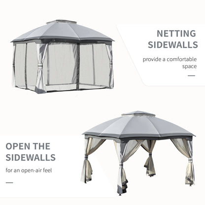 Outsunny 3.7 x 3(m) Metal Gazebo Canopy Party Tent Garden Patio Shelter with Netting Sidewalls & Double Tiered Roof, Grey 