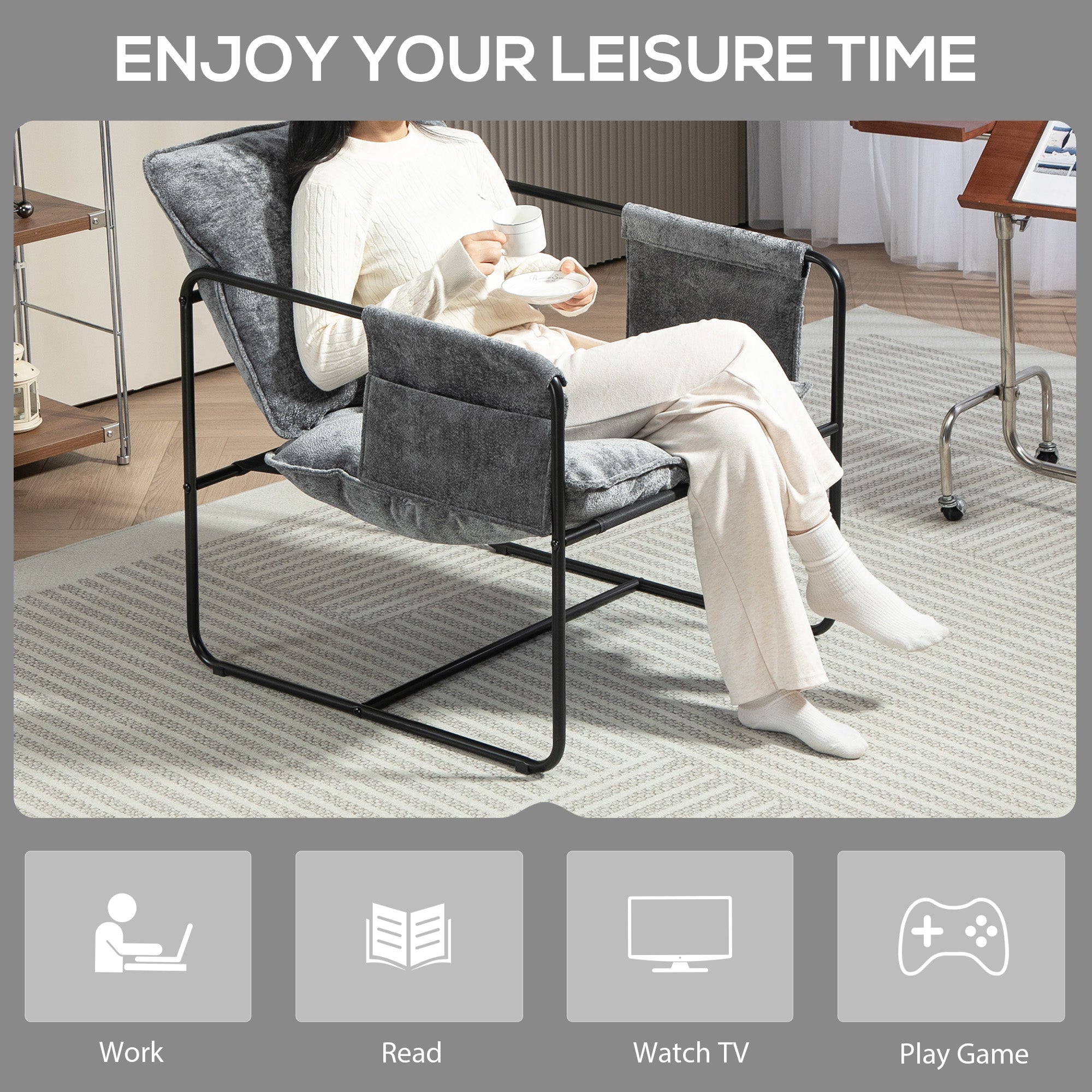 HOMCOM Minimal Padded Accent Chair, with Pockets - Grey 
