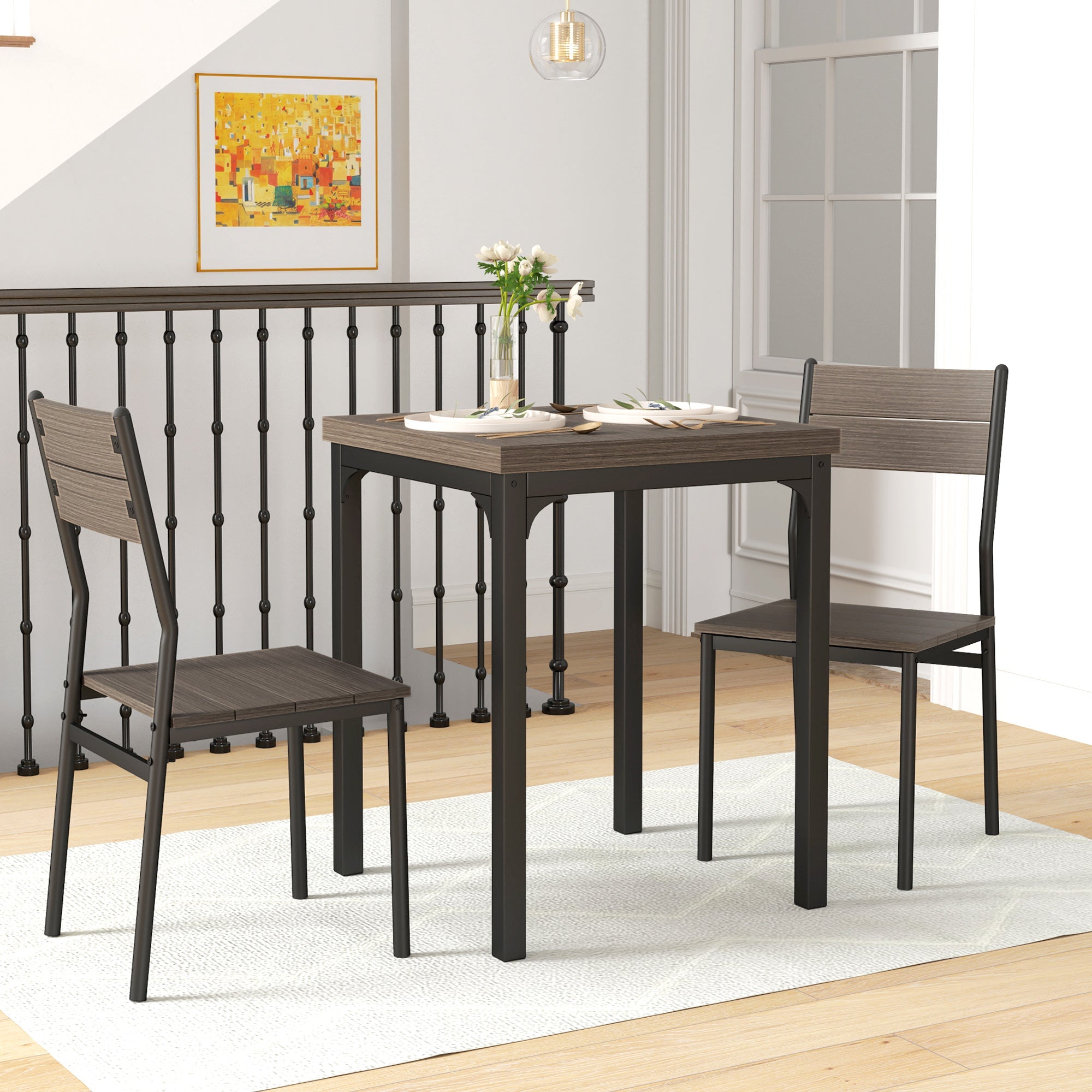 HOMCOM Three-Piece Minimal and Compact Dining Set, Grey Wood Grain 