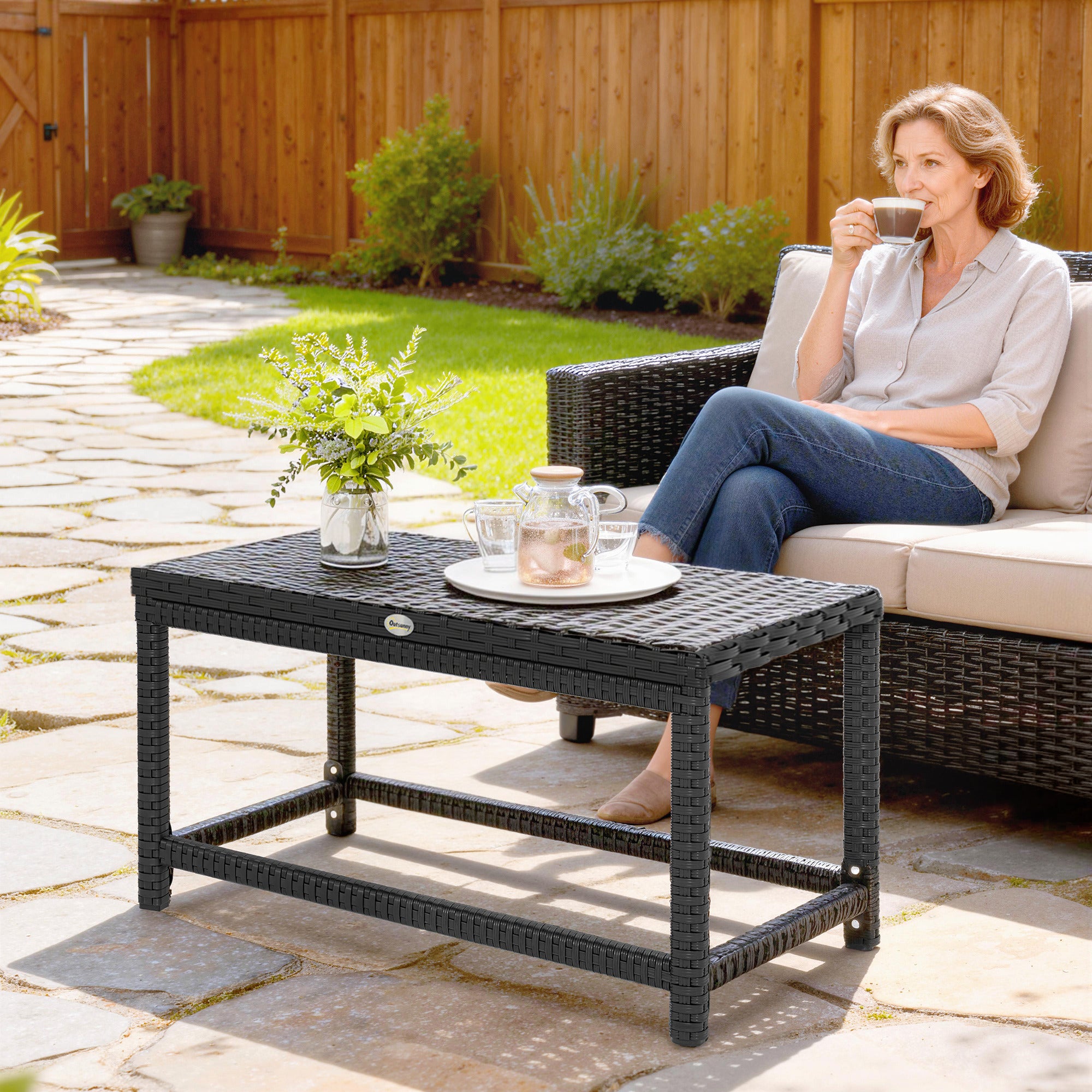 Outsunny Outdoor Coffee Table Side Table with Rectangular Frame for Patio, Balcony, Black 