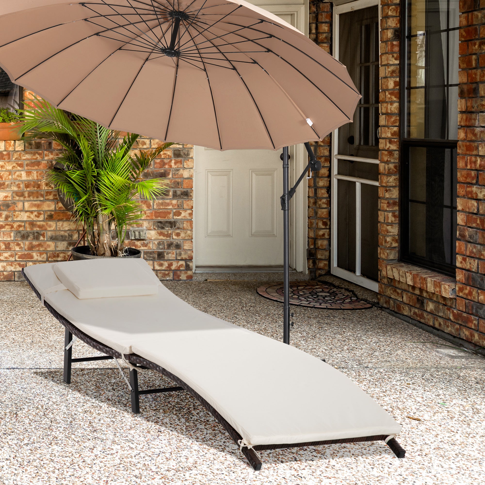 Outsunny Rattan Folding Sun Lounger Outdoor Chair with Cushion and Pillow Cream White 