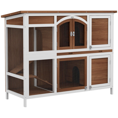 PawHut Two-Tier Wooden Pet Hutch with Openable Roof, Slide-Out Tray 