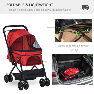 PawHut Pet Stroller Pushchair Foldable Travel Dog Cat Carriage w/ Reversible Handle Brake Basket 