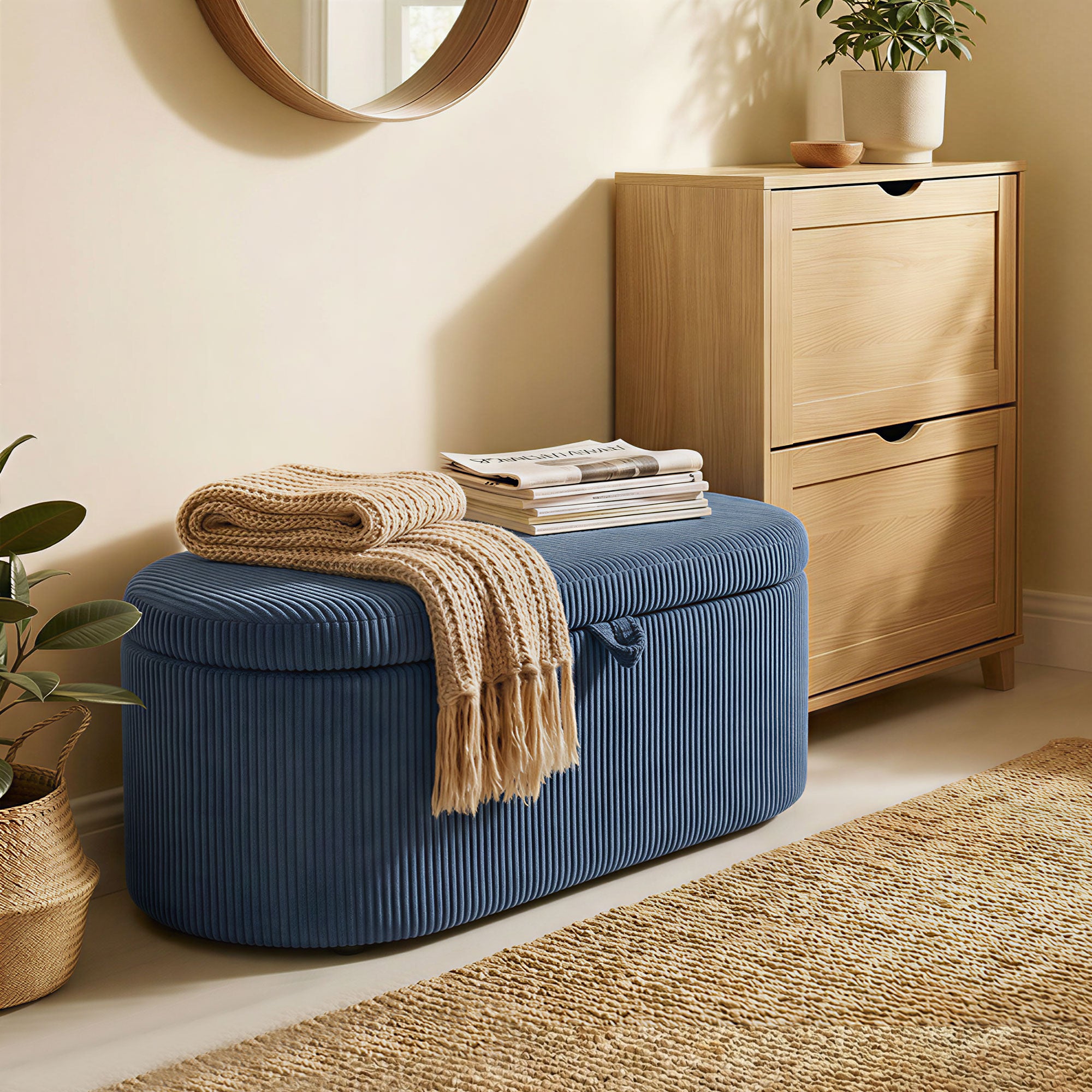 HOMCOM Storage Ottoman, Corduroy Upholstered Ottoman Storage Box with Padded Seat, 105 x 51 x 49 cm, Blue 