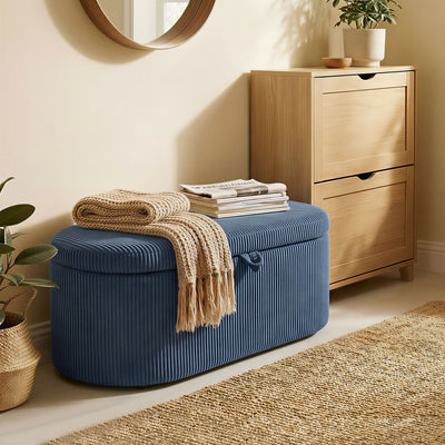 HOMCOM Storage Ottoman, Corduroy Upholstered Ottoman Storage Box with Padded Seat, 105 x 51 x 49 cm, Blue 