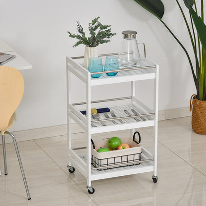 HOMCOM 3-Tier Home Trolley Kitchen Storage Cart w/ Steel Bars 4 Universal Wheels Rolling Unit Organiser Living Room White 
