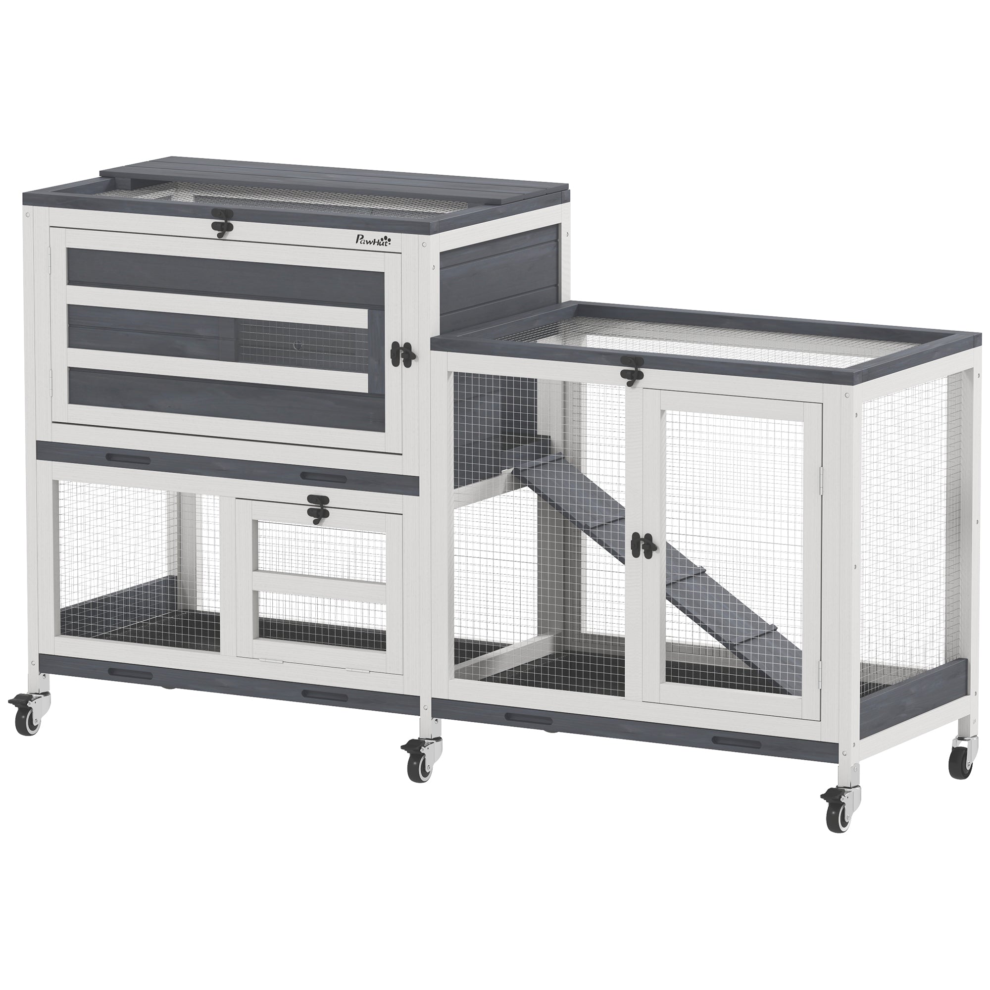 PawHut Wooden Rabbit Hutch with Run, 2-Tier Guinea Pig Hutch with Run, Wheels, 3 Plastic Trays, 2 Openable Top, for 2-3 Rabbits 