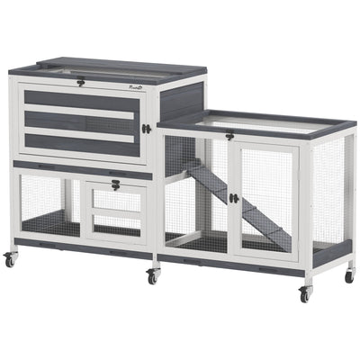 PawHut Wooden Rabbit Hutch with Run, 2-Tier Guinea Pig Hutch with Run, Wheels, 3 Plastic Trays, 2 Openable Top, for 2-3 Rabbits 