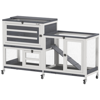 PawHut Wooden Rabbit Hutch with Run, 2-Tier Guinea Pig Hutch with Run, Wheels, 3 Plastic Trays, 2 Openable Top, for 2-3 Rabbits 
