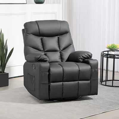 HOMCOM Manual Reclining Chair, Recliner Armchair with Swivel, Faux Leather, Footrest, Cup Holders, 86x93x102cm, Black 
