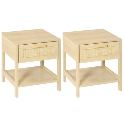 HOMCOM Bedside Table, Nightstand with Rattan Drawer and Storage Open Shelf, Farmhouse Side Table for Bedroom, Living Room, Set of 2 