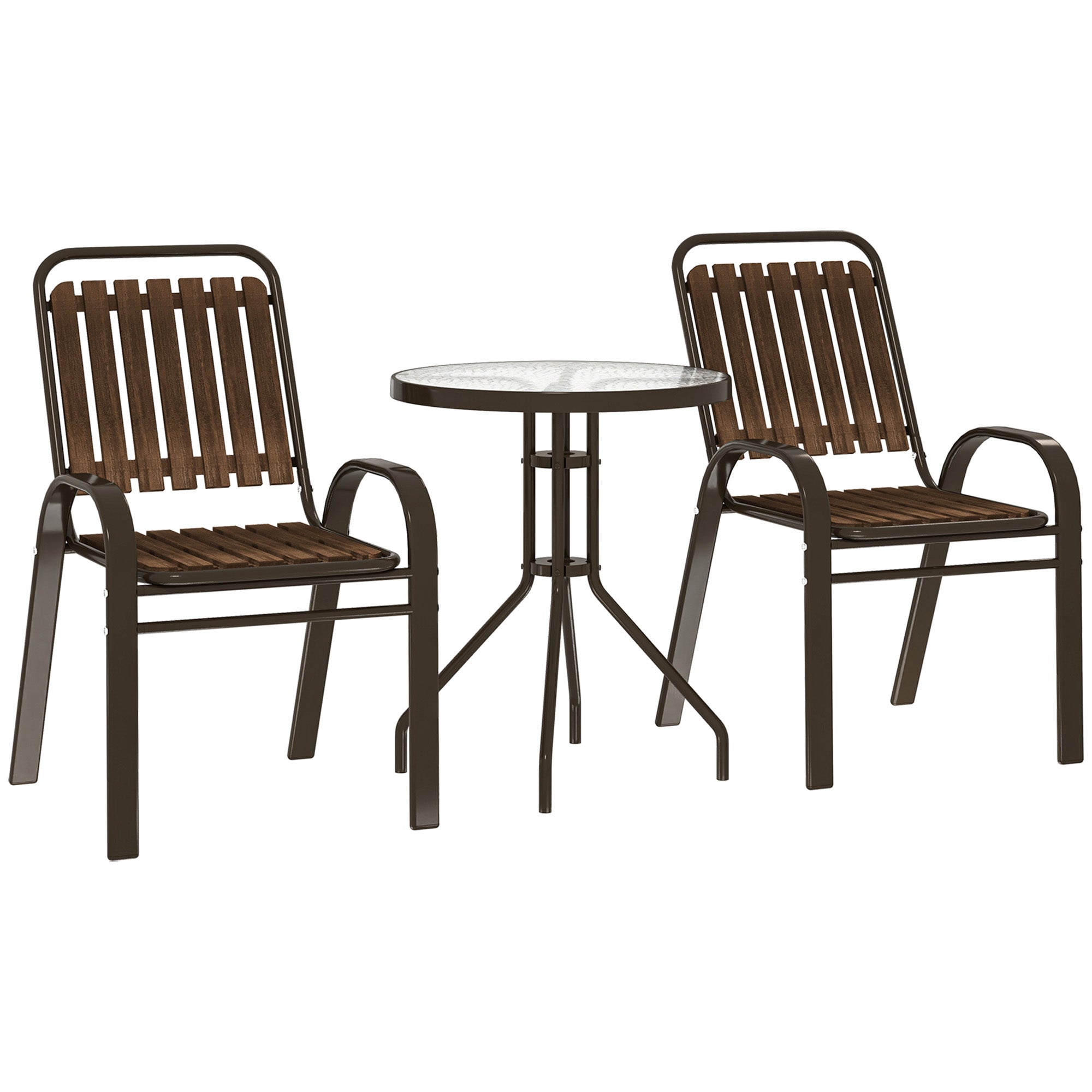 Outsunny 3 Pieces Patio Bistro Set with Stackable Chairs, Tempered Glass Table, for Outdoor, Balcony, Patio, Garden, Dark Brown 