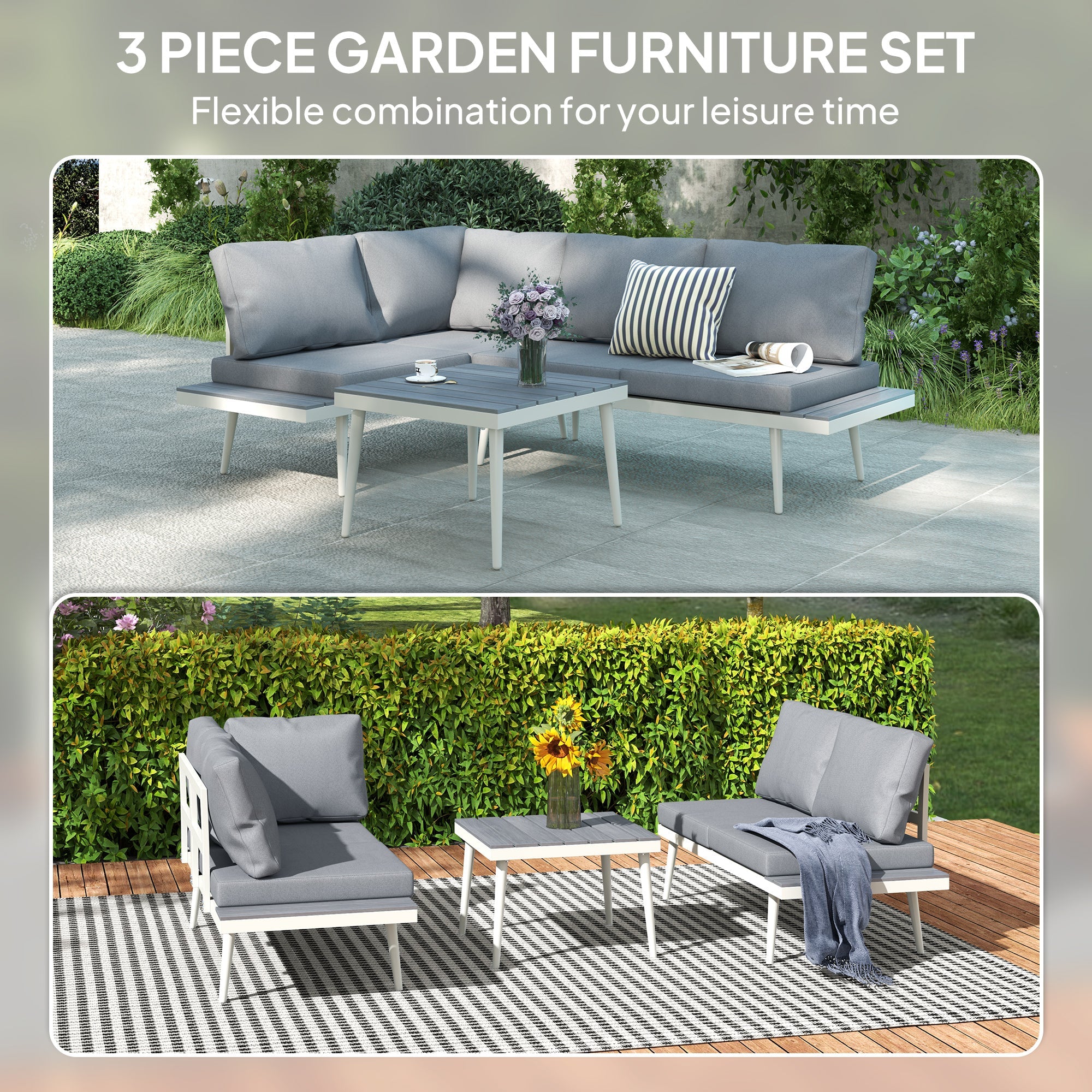 Outsunny 3 Piece Garden Furniture Set with 5-Level Adjustable Lounger, L Shaped Garden Corner Sofa with Cushions, Mesh Seat, Slatted Wood-Grain Table, Outdoor Furniture Set for Conservatory, Grey 