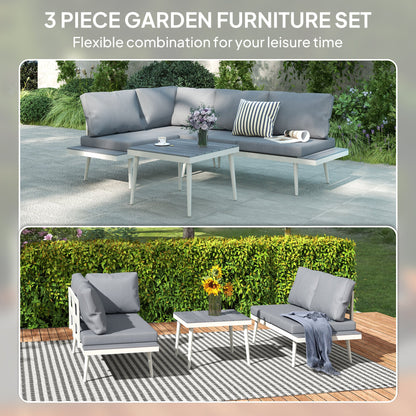 Outsunny 3 Piece Garden Furniture Set with 5-Level Adjustable Lounger, L Shaped Garden Corner Sofa with Cushions, Mesh Seat, Slatted Wood-Grain Table, Outdoor Furniture Set for Conservatory, Grey 