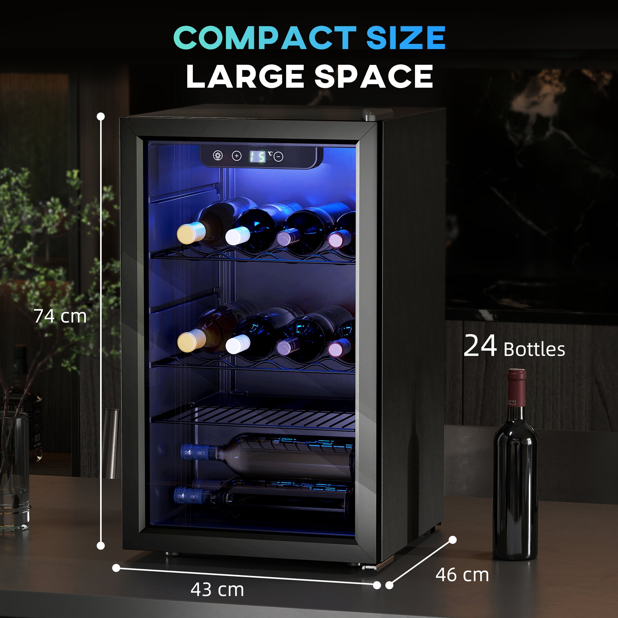 HOMCOM 24 Bottle Wine Cooler, 68 Litre Capacity, 4-16°C Freestanding Drinks Beer Wine Fridge with Glass Door, Black 